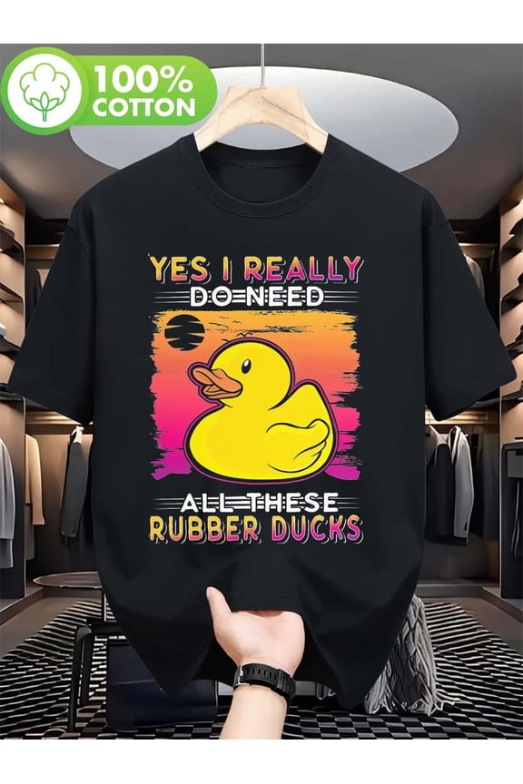 Summer New Arrival T-shirt, Being Cute and Funny Style, Little Yellow Duck, Dynamic Style, Casual Versatile, Cartoon Style, Comfortable and Breathable, Round Neck, Top Tee, Men's Black Short-Sleeve T-Shirt