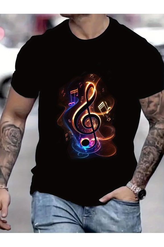 Summer New Arrival T-shirt, High Pitched Clef Printed, Musical Atmosphere, Casual Versatile, Comfortable and Breathable, Round Neck, Hot Selling Top Tee, Men'S Black Short-Sleeve T-Shirt