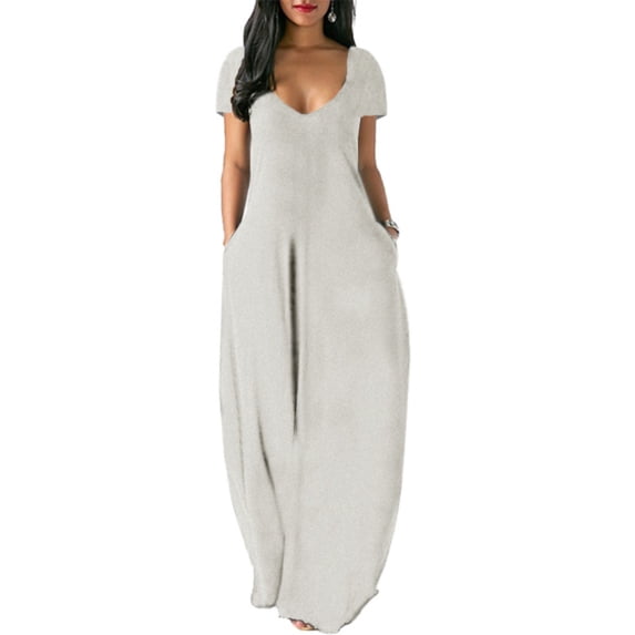 Summer New Big Size Women's Solid Color Sexy Deep V Short Sleeve Long Dress with Pockets Gray 3X-Large