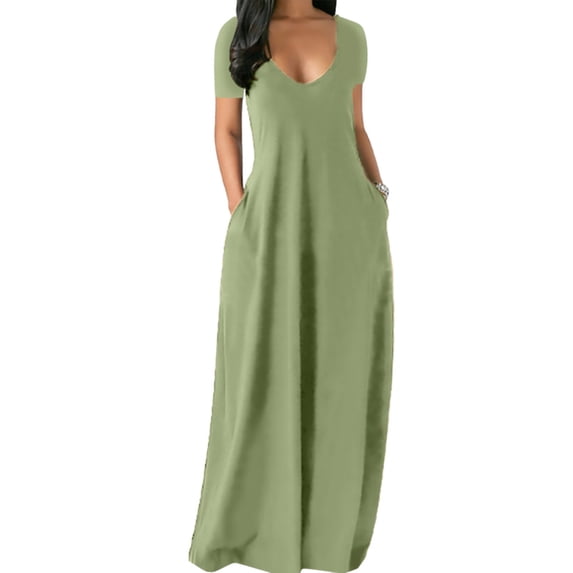 Summer New Big Size Women's Solid Color Sexy Deep V Short Sleeve Long Dress with Pockets Light Green 3X-Large