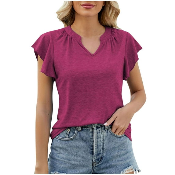 Summer New Border European And Women's Women's T Shirt V Neck Solid Color Ruffle T Shirt