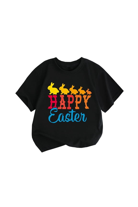 Summer New Children's Clothing Europe And The United States Style Girls Short Sleeve T Shirt Easter Bunny Printed Round Neck Children Black 90(0 Years-2 Years)