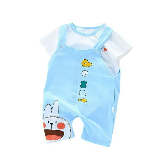 Summer New Children's Set Baby Boy Cotton Cartoon Cute Rabbit Ears Short Sleeve Strap Pants Casual Set