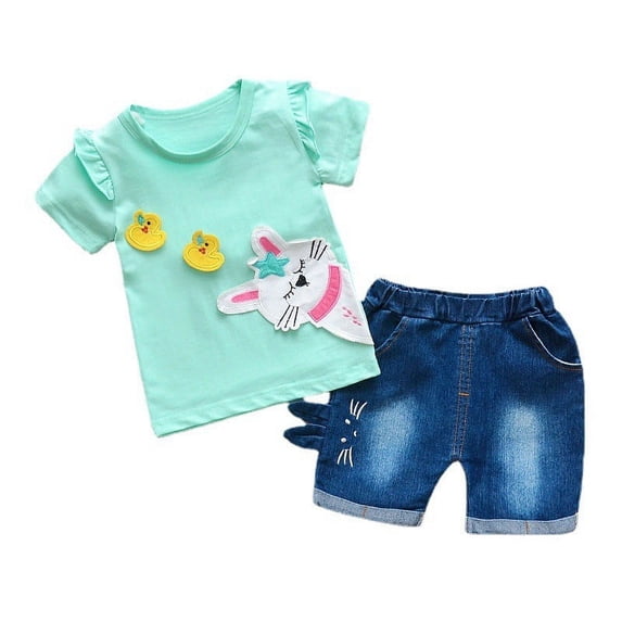 Summer New Children's Set Girls' Fashion Cartoon Cat Little Yellow Duck Print Two Piece Set Girls' Set