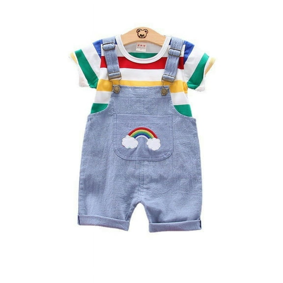 Summer New Children's Short Sleeve Set Boys' Stripe Rainbow Strap Shorts Two Piece Trendy Children's Set