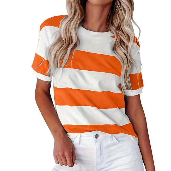Summer New European and American Border Fashion Stripe - Print Round Neck Short - Sleeve T - Shirt for Women