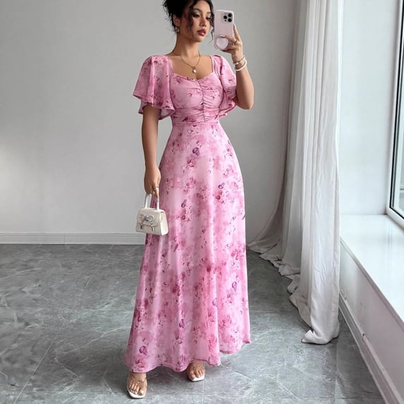 Summer New European and American Style Printed Ruffle Sleeve Slim Fit Lined Elegant Dress