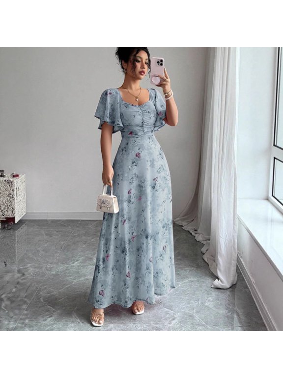 Summer New European and American Style Printed Ruffle Sleeve Slim Fit Lined Elegant Dress