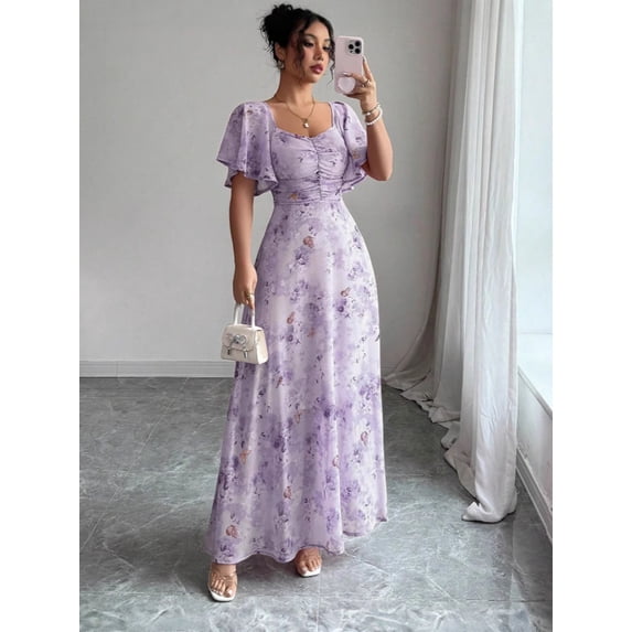 Summer New European and American Style Printed Ruffle Sleeve Slim Fit Lined Elegant Dress