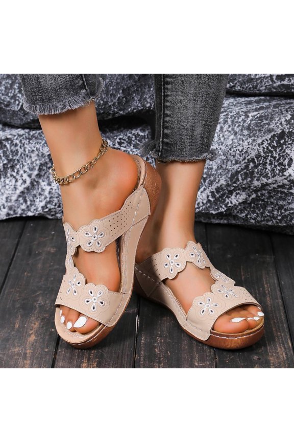 Summer New Foreign Trade Large Size Wedge Fish Mouth Solid Color Large Size One Line Outside To Wear Beach Sandals Summer Sandals Beige 36