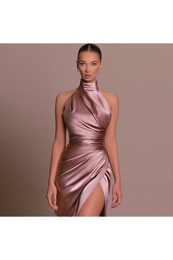 Summer New Graceful Stand Collar Long Dress European and American Style Halter Sleeveless Split Bottoming Dress Dress