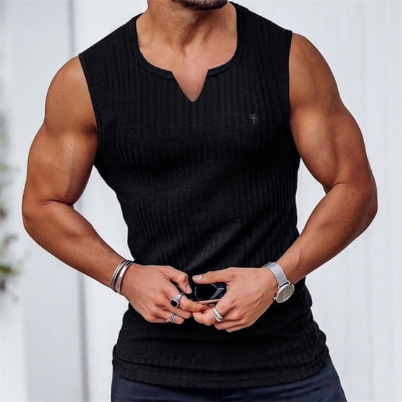 Summer New Gym Sports Fitness Men Vest Classic V-Neck Vertical Stripe High Stretch Sleeveless T-Shirt Running Training Clothing