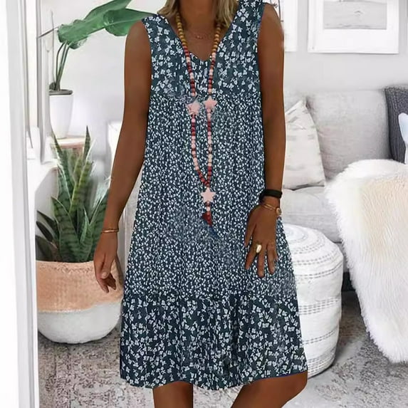 Summer New Hot-Selling V-Neck Small Floral Print Sleeveless Women's Dress