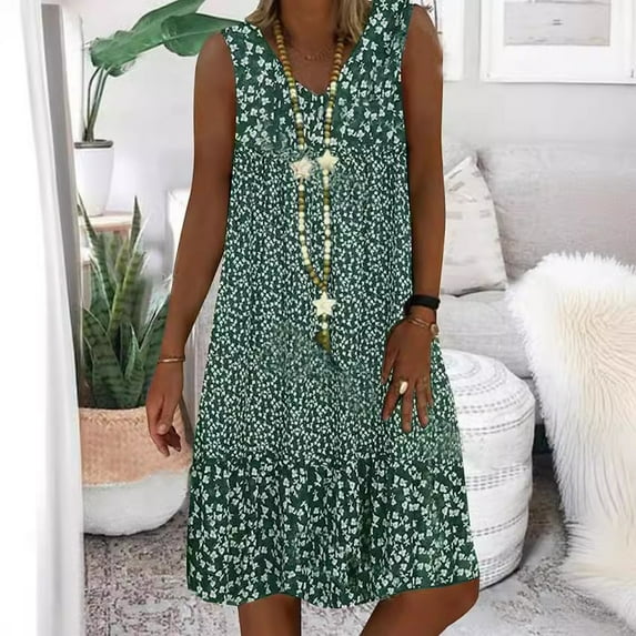 Summer New Hot-Selling V-Neck Small Floral Print Sleeveless Women's Dress