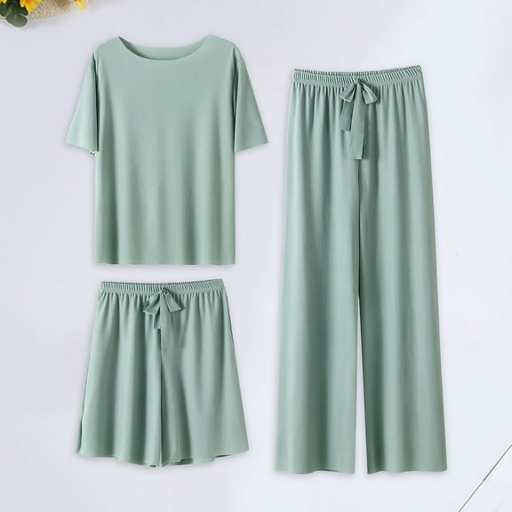 Summer New Ice Silk Pajamas Set Women's Short Sleeved Shorts Wide Leg Pants Solid Color Home Three Piece Set Can Be Worn Loosely Woman Sleep Set Silk Pajamas for Women Shirt Sleep Sleep down
