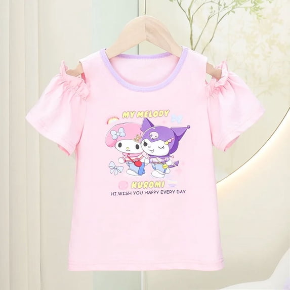 Summer New Kuromi Girls T-Shirt Sanrio Kawaii Anime My Melody Short Sleeve Cute Cartoon Sweet Print Babys Tops Tide Kid Gift