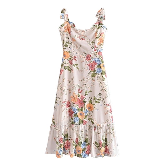 Summer New Lace Up Bowknot Strap High Waist French Vintage Printed Ruffle Dress Female Fashion Midi Dresses Women-CX0125-AS1-XS