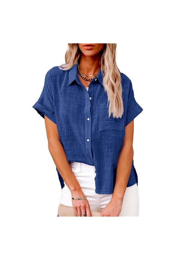 Summer New Ladies Loose Blouses And Linen Lapel Rolled Short Sleeve Button Shirt Tee Shirt Shirts Women Casual Nohow Shirt Womens Tops Short Sleeve Loose Fit Thermals for Women Shirt Junior Shirts