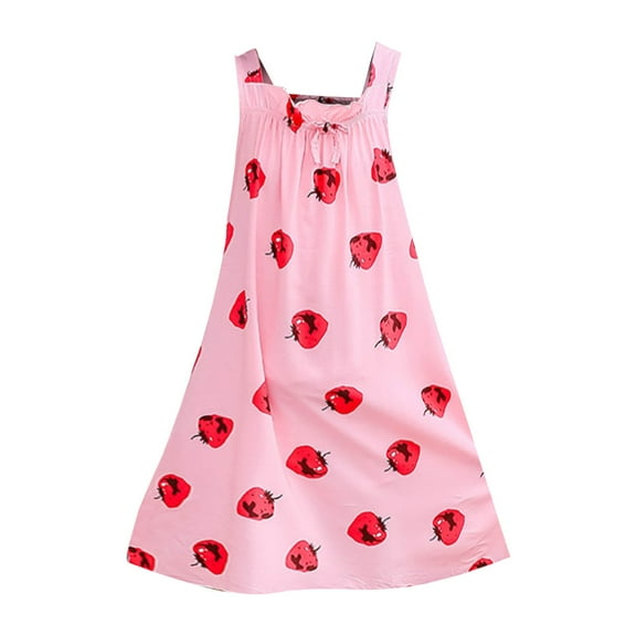 Summer New Pink Strawberry Print Ruffle Edge Bow Neckline Girls' Fashion Sleeveless Strap Home Casual Dress