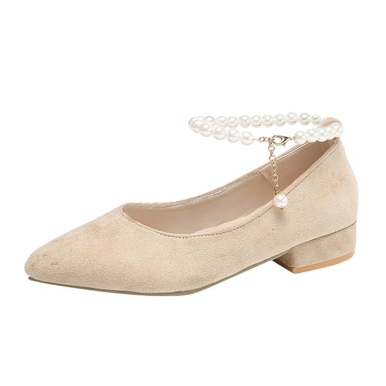 Summer New Pointed Toe Low Heel Mary Jane Shoes Vintage French Pearl Flat Fairy Shoes