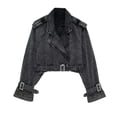 thumbnail image 1 of Summer New Retro Washed Distressed Belt Lapel Loose Denim Short Jacket-Dark Gray-XS, 1 of 7
