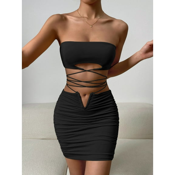 Summer New Sexy Strap Camisole Two-Piece Dress Women's Tie Pleated Bodycon Dress