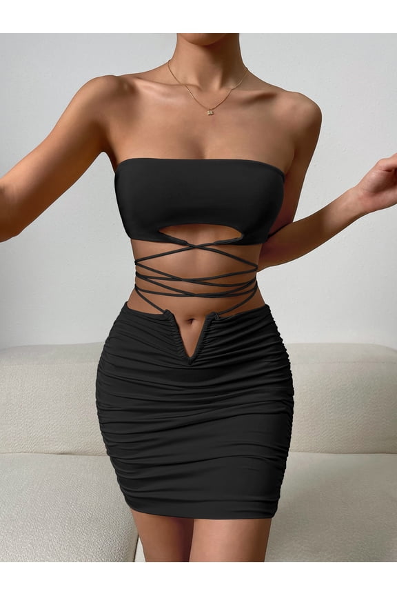 Summer New Sexy Strap Camisole Two-Piece Dress Women's Tie Pleated Bodycon Dress