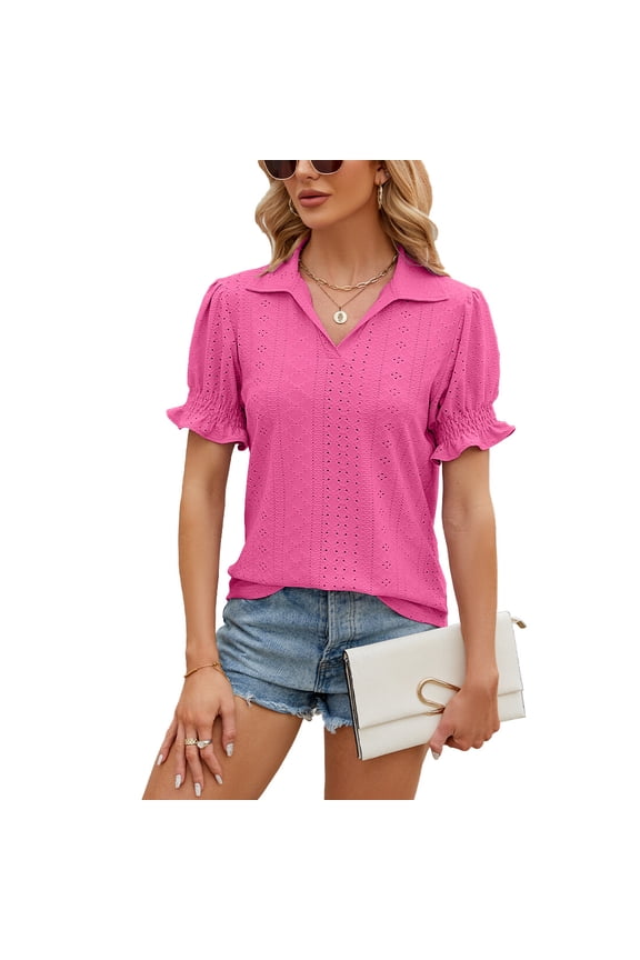 Summer New Solid Color Collared Loose Fit T-Shirt with Ruched Cuffs for Women