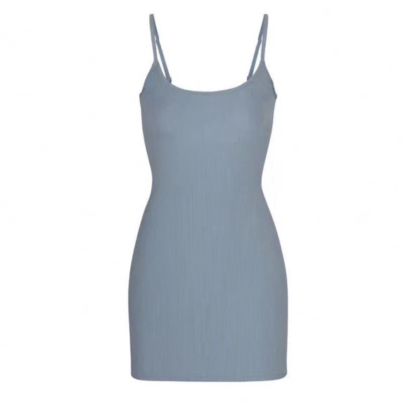 Summer New Solid Color Sundress Sexy Spaghetti Strap Camisole Mini Dress Women Club Party Dresses Bodycon Sleeveless Dress Black (Blue,One size)