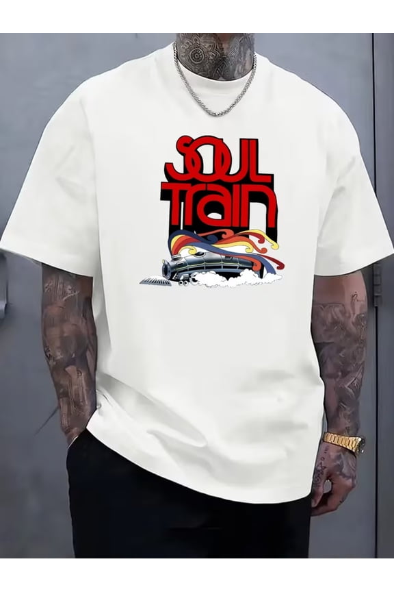 Summer New "Soul Train" Print Premium Heat Transfer Printing Classic Trendy Men's Casual Fashion Short Sleeve Slightly Stretch Ribbed Crew Neck Comfortable Breathable T-Shirt