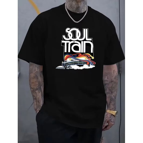 Summer New "Soul Train" Print Premium Heat Transfer Printing Classic Trendy Men's Casual Fashion Short Sleeve Slightly Stretch Ribbed Crew Neck Comfortable Breathable T-Shirt