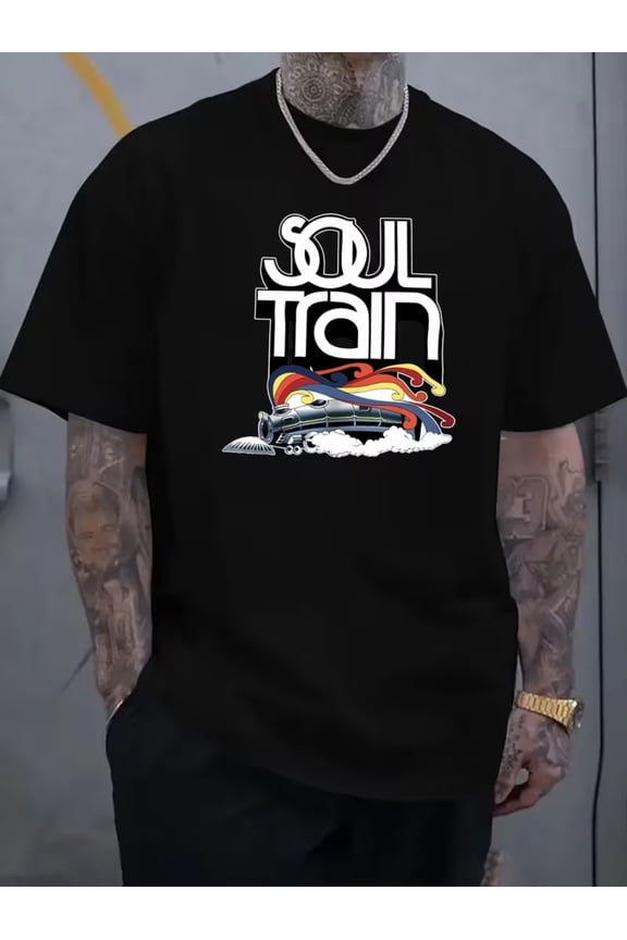 Summer New "Soul Train" Print Premium Heat Transfer Printing Classic Trendy Men's Casual Fashion Short Sleeve Slightly Stretch Ribbed Crew Neck Comfortable Breathable T-Shirt