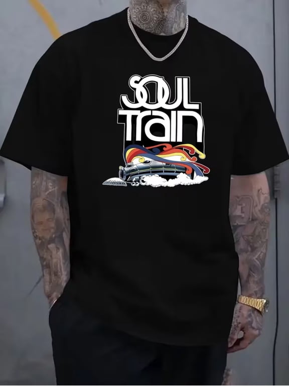 Summer New "Soul Train" Print Premium Heat Transfer Printing Classic Trendy Men's Casual Fashion Short Sleeve Slightly Stretch Ribbed Crew Neck Comfortable Breathable T-Shirt