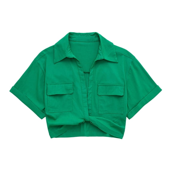 Summer New Stretch Linen Blended Multicolor Short Shirt for Women - Green - L