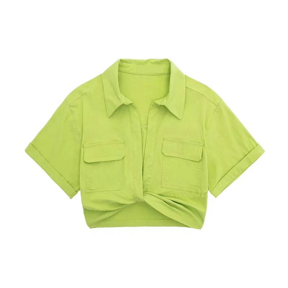 Summer New Stretch Linen Blended Multicolor Short Shirt for Women - Light Green - XS