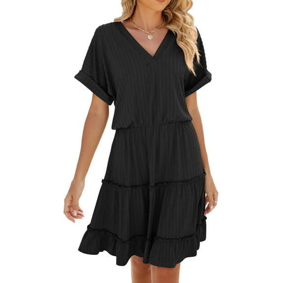 Summer New V-neck Short-sleeved Solid Color Patchwork Pleated Dress For Women