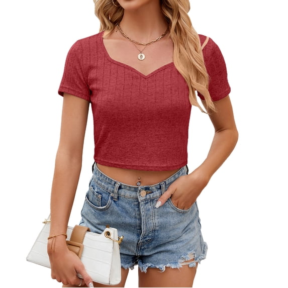 Summer New V-neck Solid Color Short-sleeved Slim Short T-shirt For Women