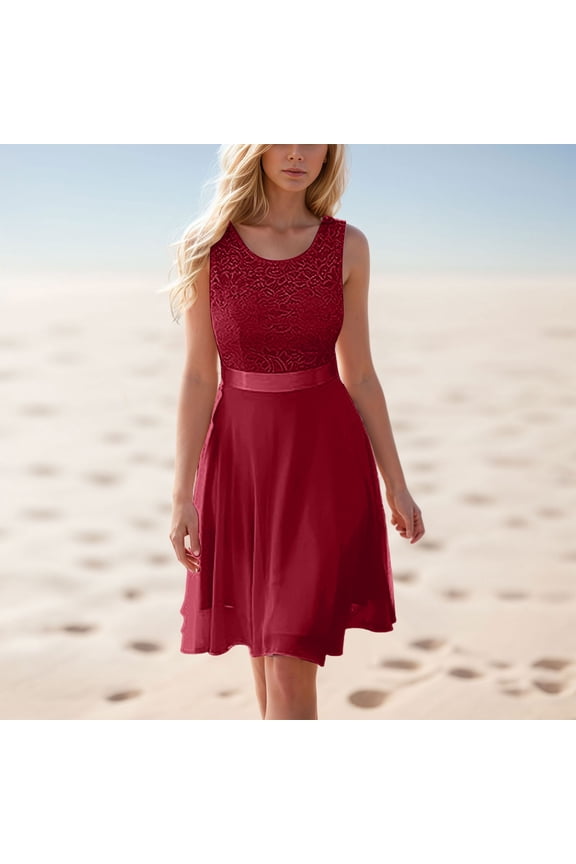 Summer New Waisted Solid Color Sleeveless Lace Dress Casual Summer Dresses for Older Women Long Summer Dress for Women Women's Dress Woman Tie Waist Midi Dresses for Women Postpartum Dress Sleeveless