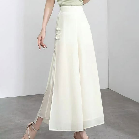 Summer New White High Waist Loose Slim Open Split Wide Leg Drop Chiffon Cropped Pants