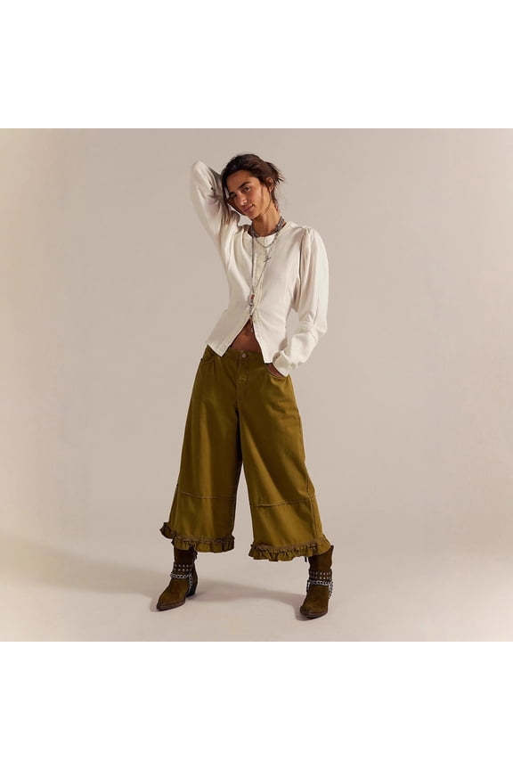 Summer New Women's High Waist Ruffle Hem Wide Leg Cropped Denim Culottes