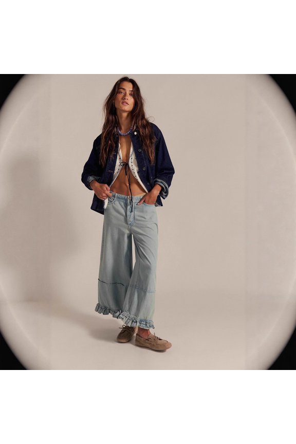 Summer New Women's High Waist Ruffle Hem Wide Leg Cropped Denim Culottes