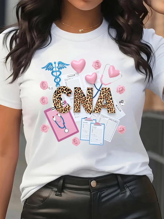 Summer New Women's Lazy Casual Crew Neck Short Sleeve T-Shirt Medical Element CNA Print Everyday Commute Home Vacation Travel Versatile