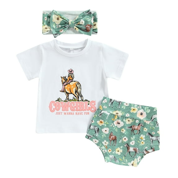 Summer Newborn Outfits 6M 12M 18M 24M Baby Girl Cute Cow Head Tassels Short Sleeve T-Shirt Top and Elastic Shorts Pants Headband