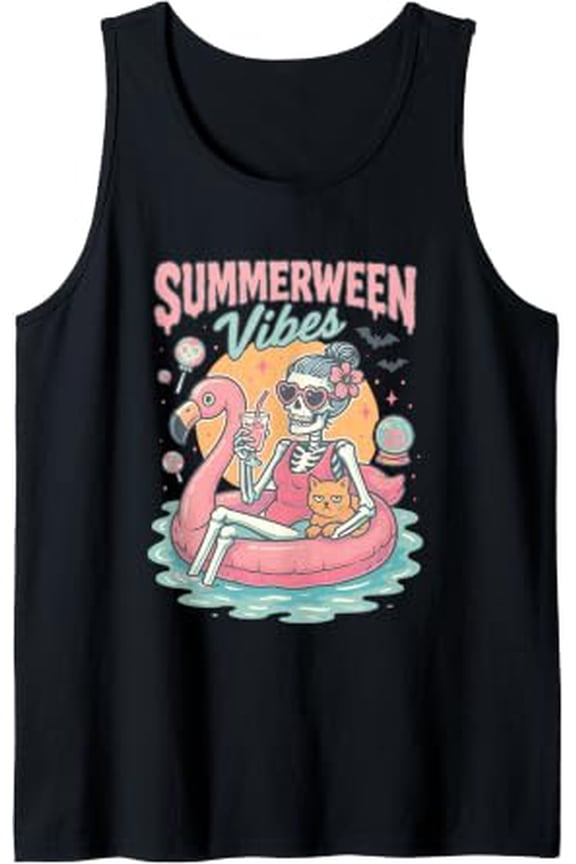 Summer Night Vibes Skeleton Flamingo Pool Tank Top Size S-3XL