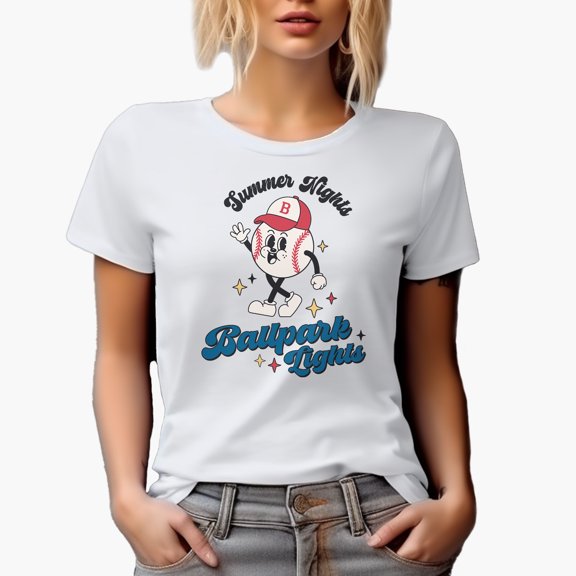 Summer Nights, Ballpark Lights, Retro Baseball Themed Merch Gift, White T-Shirt, Medium