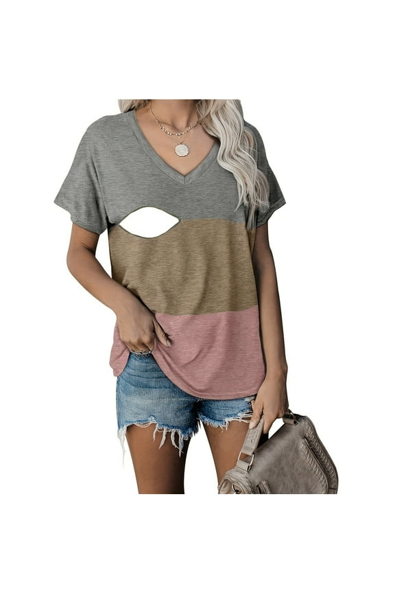 Summer Nursing Top Short Sleeve Breastfeeding Shirts V Neck Postpartum Tshirts for Women Gray M