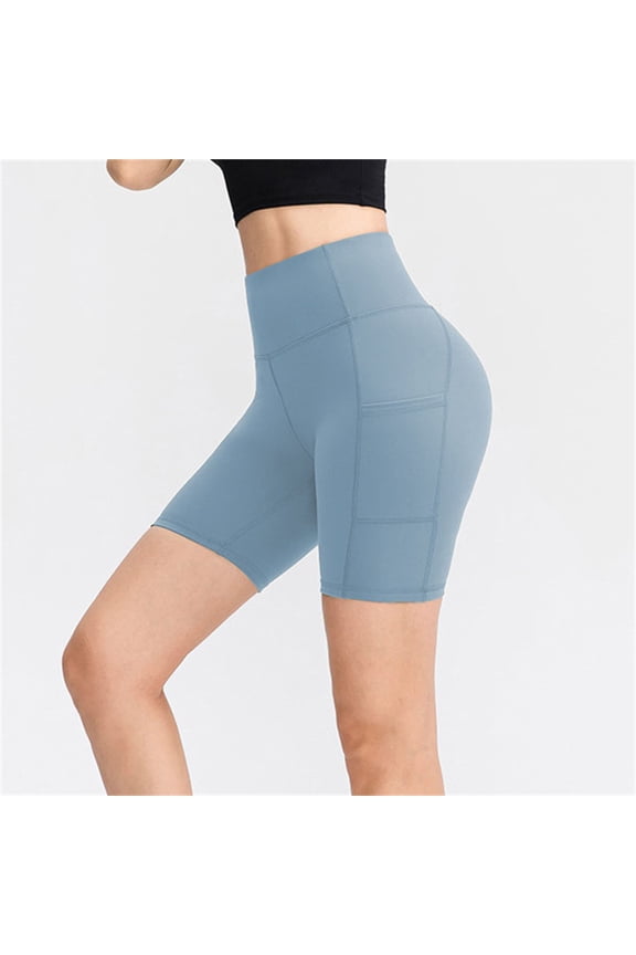 Summer Nylon,Spandex Short Compression Gym Spandex Yoga Shorts for Women Blue Activewear Women's Solid Color Double Elastic Tight Fitness Training M