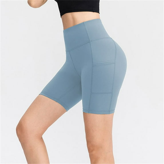 Summer Nylon,Spandex Short Compression Gym Spandex Yoga Shorts for Women Blue Activewear Women's Solid Color Double Elastic Tight Fitness Training S