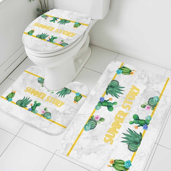 Summer Oasis Bathroom Rugs Set Catus Green Non Slip Absorbent Soft Bath Mats 3 Piece Set with Bathroom Rug, U-Shaped Floor Mat, Toilet Seat Cover Small Size