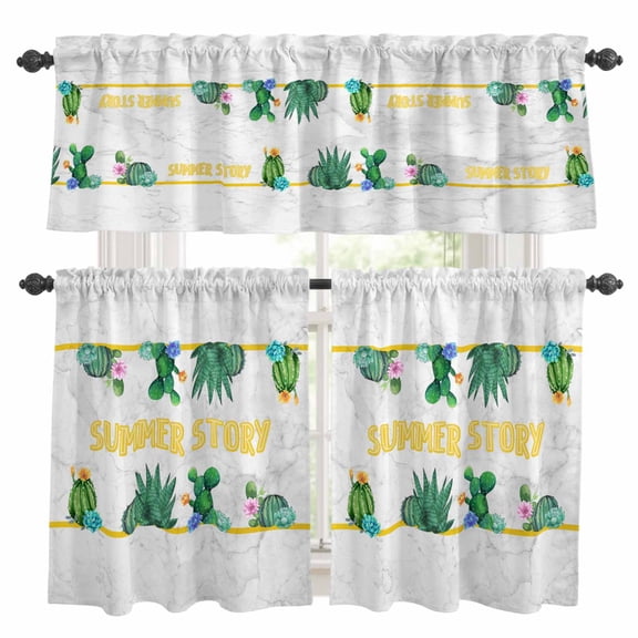 Summer Oasis Kitchen Curtains Set for Windows, Catus Green Curtains Valance and Tier 3 Piece Set Small Drapes 36 Inch Length for Kitchen Bedroom Decor